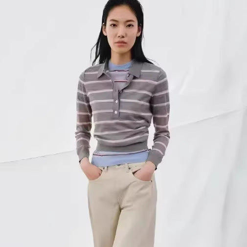 Women's fine knit polo sweater with button placket and fine horizontal stripes Mune Fashion