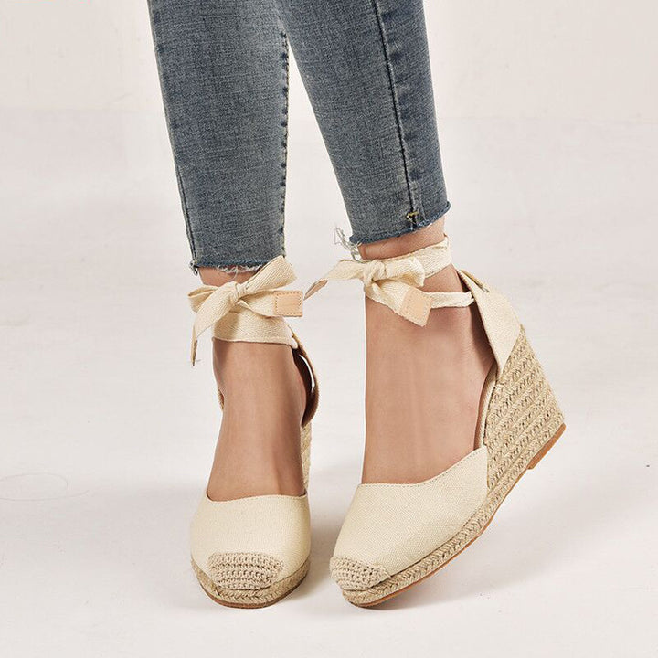 Women nan Textil-espadrille with jute wedge, bow strap ankle strap and crocheted toe cap Mune Fashion