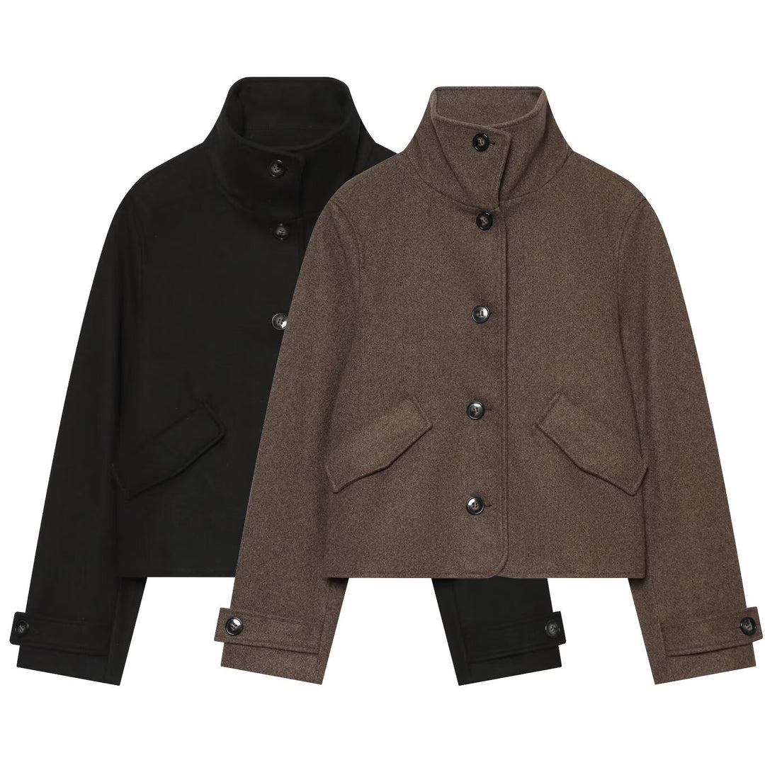 Women Cropped Boxy Jacket with High Stand-Up Collar, Button Placket and Flap Pockets