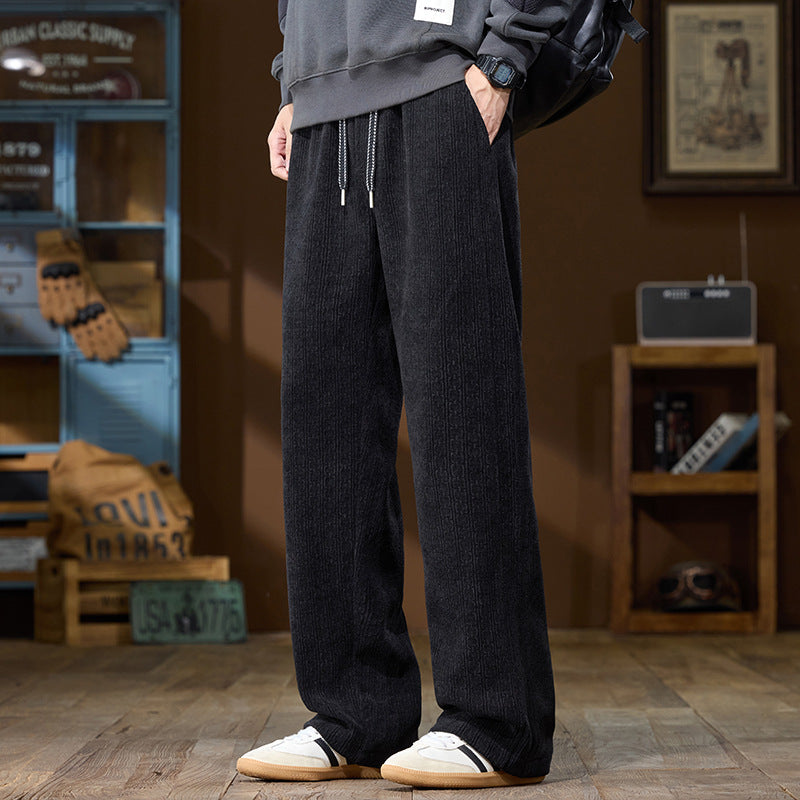 Men's Wide-Cut Lounge Pants made of Ribbed Structured Fabric with Elastic Waistband and Drawstring Mune Fashion