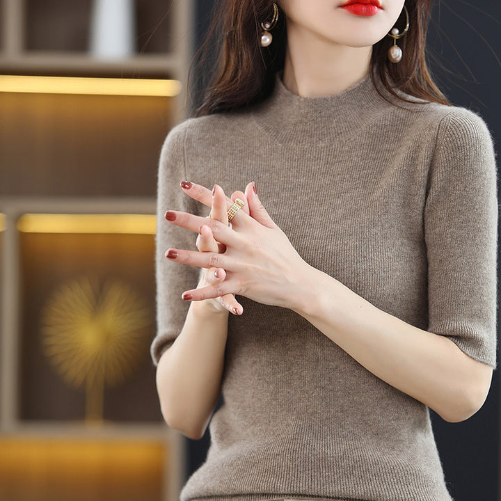 Women's Short Sleeve Fine Knit Sweater with Stand-Up Collar and Tailored Fit Mune Fashion