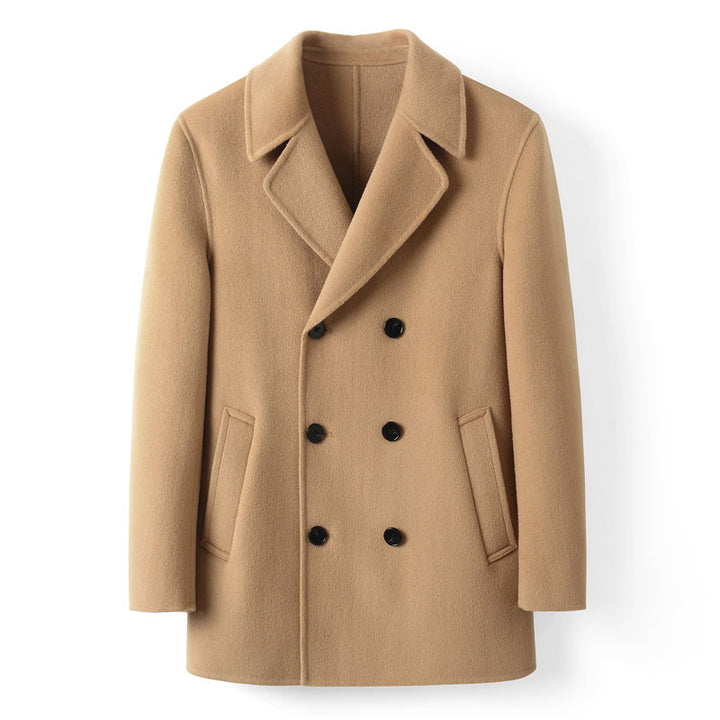 Men's Double-Breasted Wool Coat in Short Cut with Notched Lapel Mune Fashion