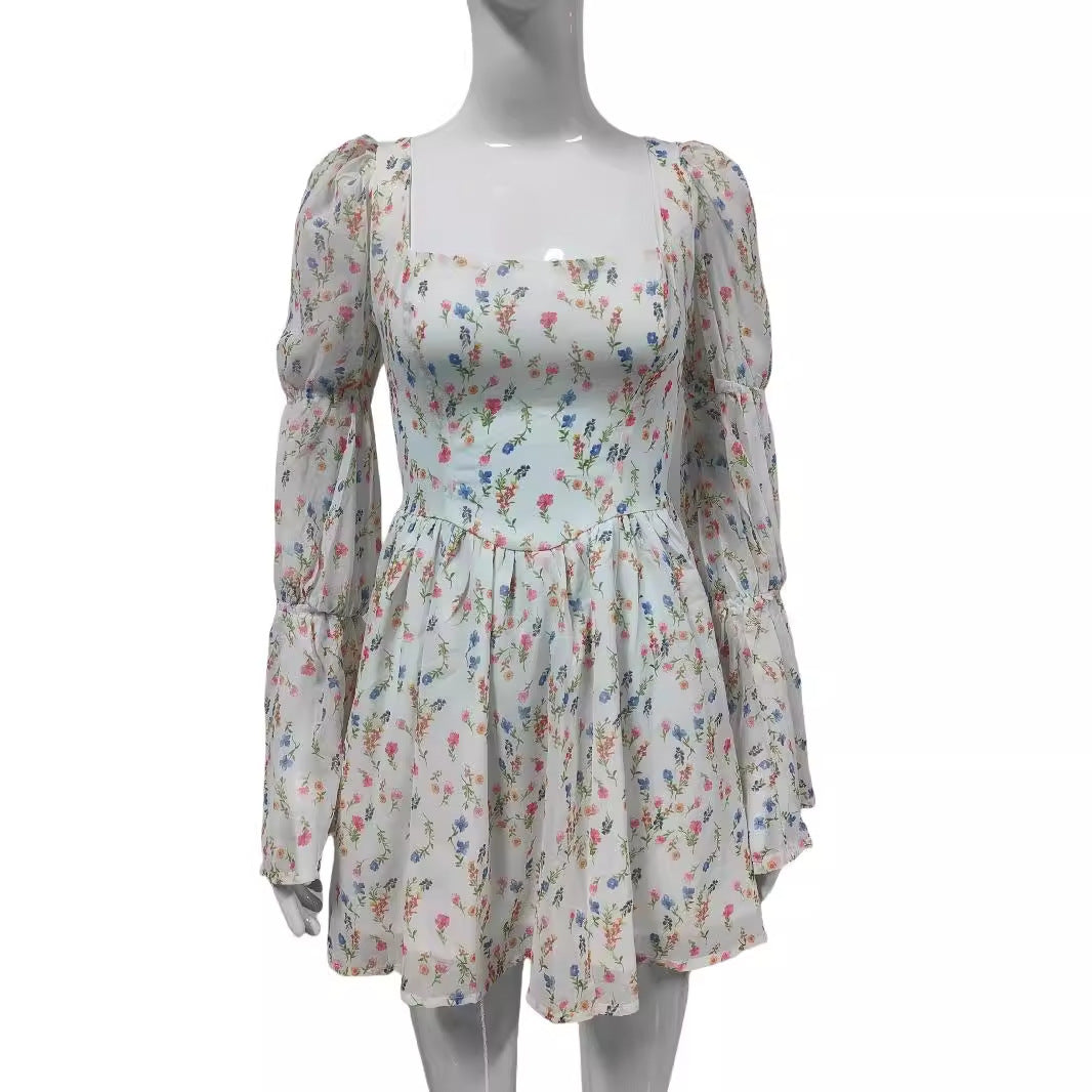 Women's Summer Chiffon Mini Dress with Square Neckline, Puff Sleeves and Tailored Empire Line Mune Fashion