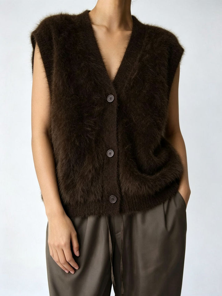 Women's Fluffy Sleeveless Button Vest made of Mohair Blend with Deep V-Neck Mune Fashion