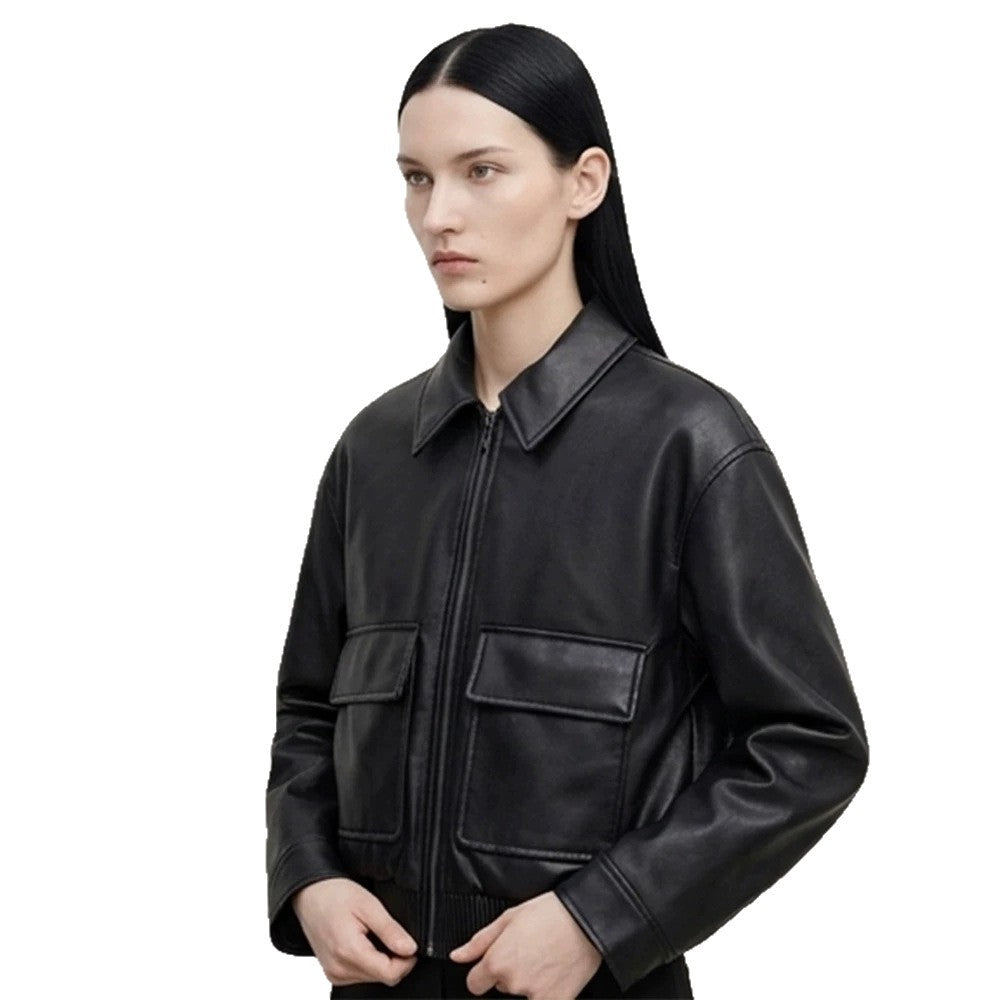 Women's short jacket made of faux leather in bomber style with ribbed hem and patch pockets Mune Fashion