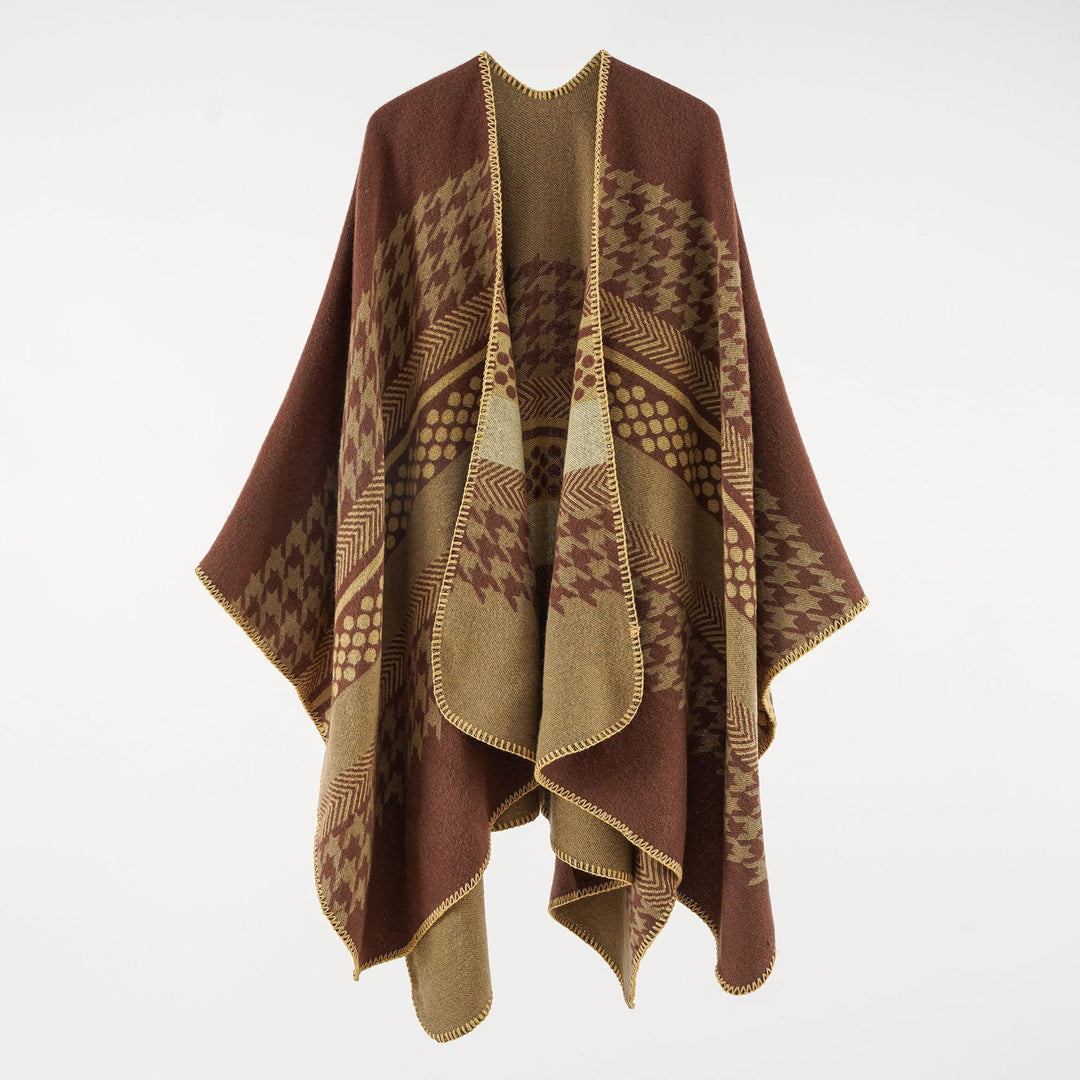 Women's Cozy Oversized Cape Poncho made of Wool Blend with Houndstooth and Graphic Jacquard