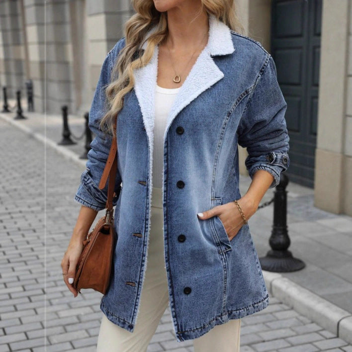 Women's Oversized Denim Jacket with Teddy Lining, Button Placket and Patch Pockets Mune Fashion