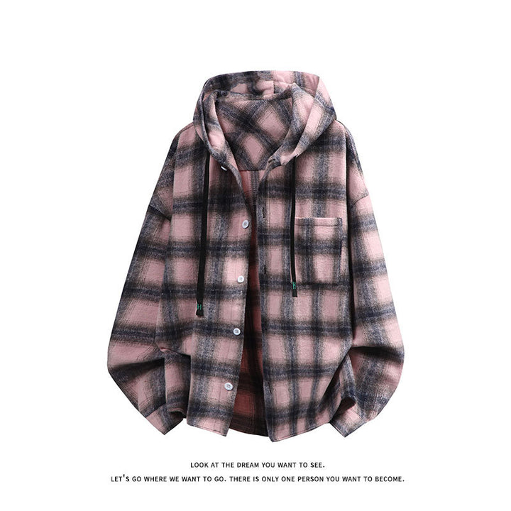 Unisex oversized flannel hooded shirt jacket with check pattern and chest pocket Mune Fashion