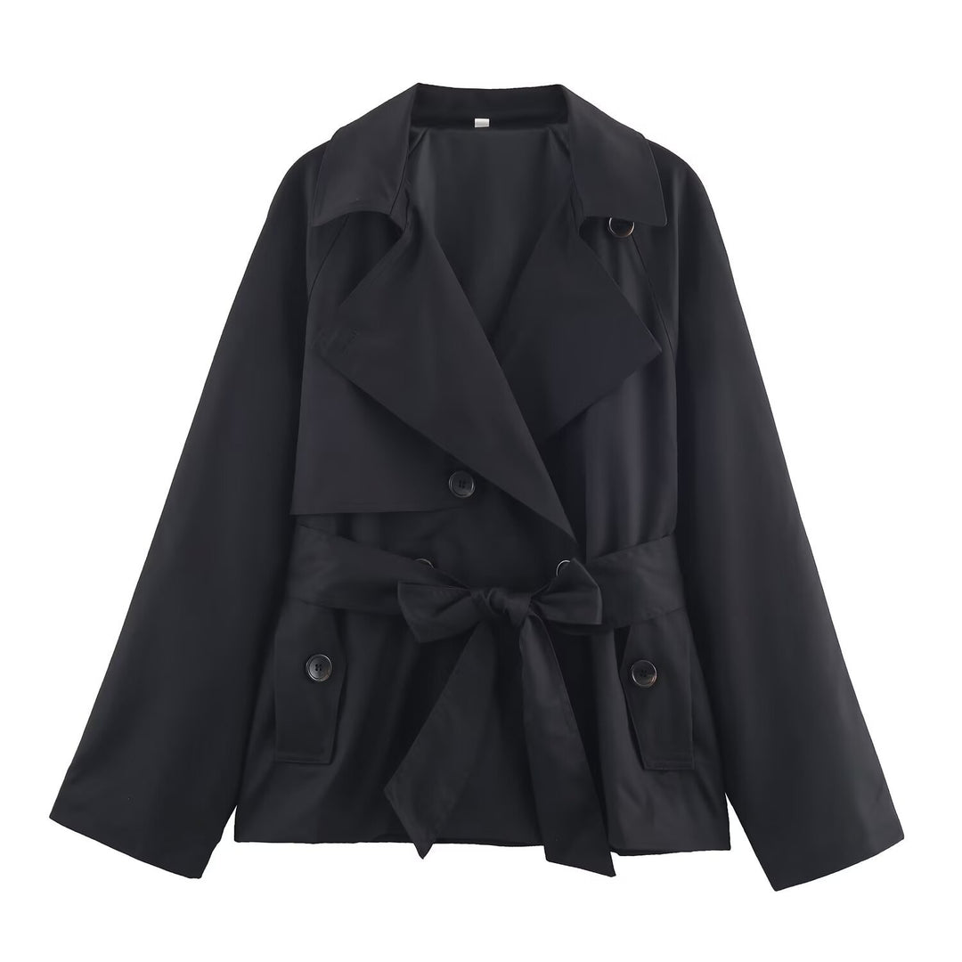 Women Cropped Waist Belt Trench Coat with Wide Lapels and Flap Pockets Mune Fashion