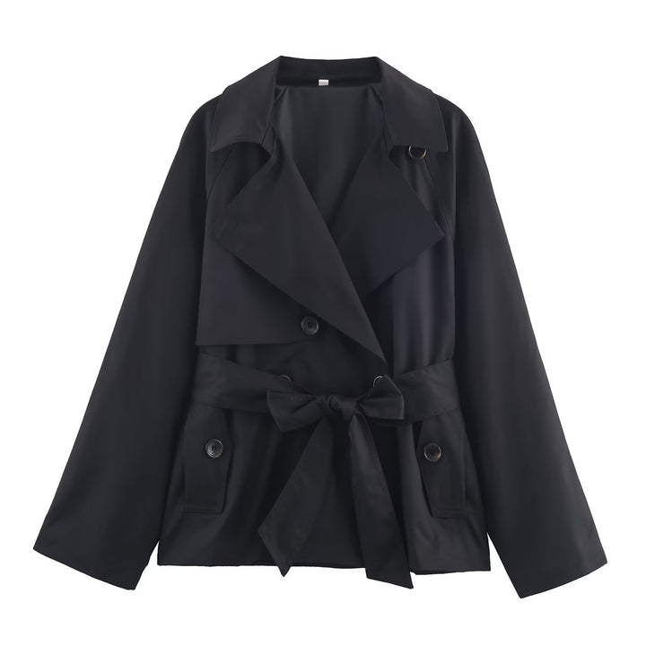 Women Cropped Waist Belt Trench Coat with Wide Lapels and Flap Pockets Mune Fashion