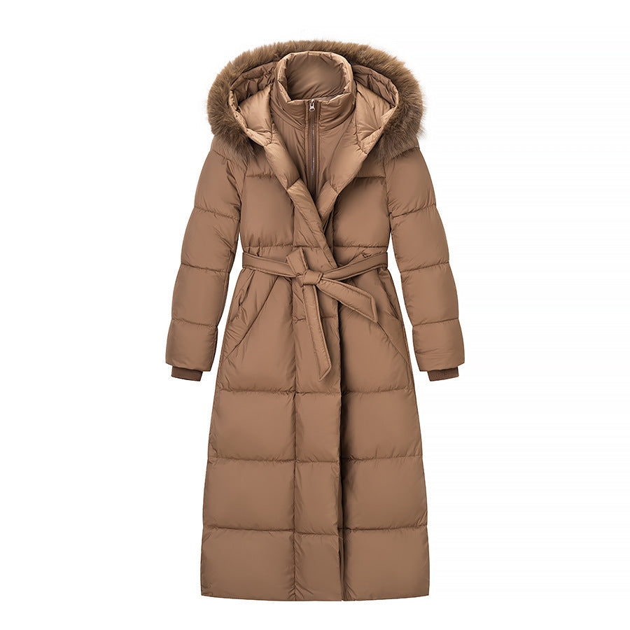 Women's Longer Quilted Down Coat with Hood, Faux Fur Trim and Waist Belt Mune Fashion