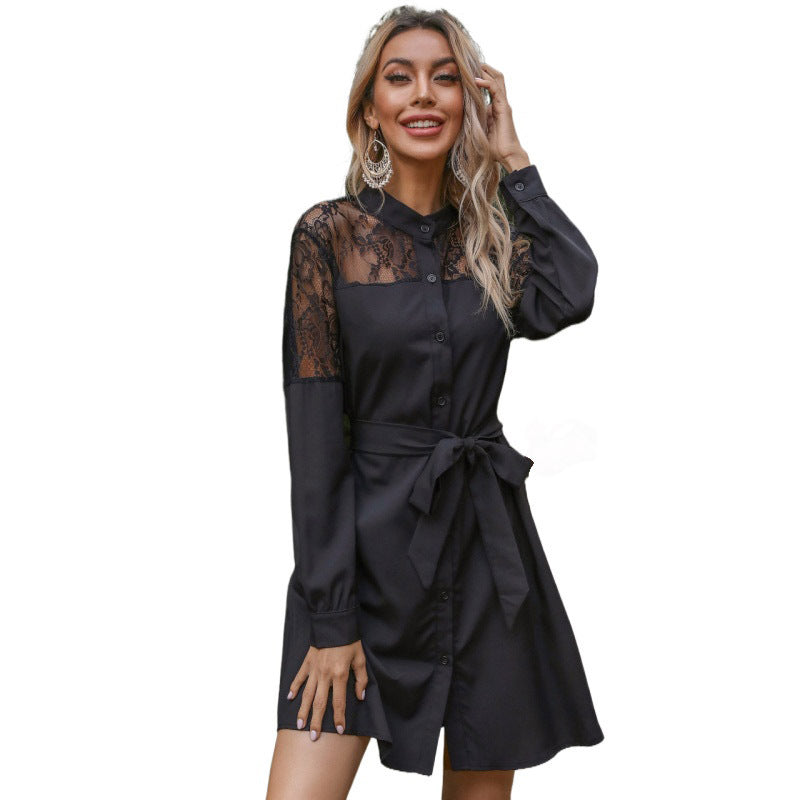 Women Elegant Shirt Dress with Lace Sleeves Mune Fashion