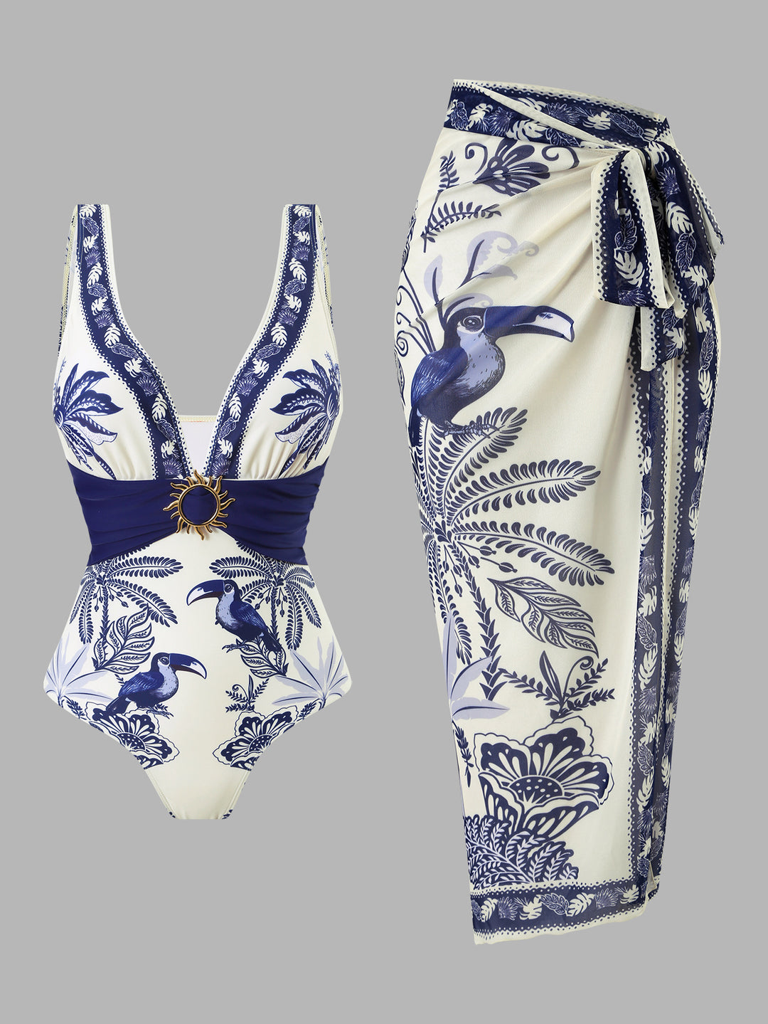 Women's One-Piece Swimsuit with Floral Design and Elegant Wrap Skirt Mune Fashion