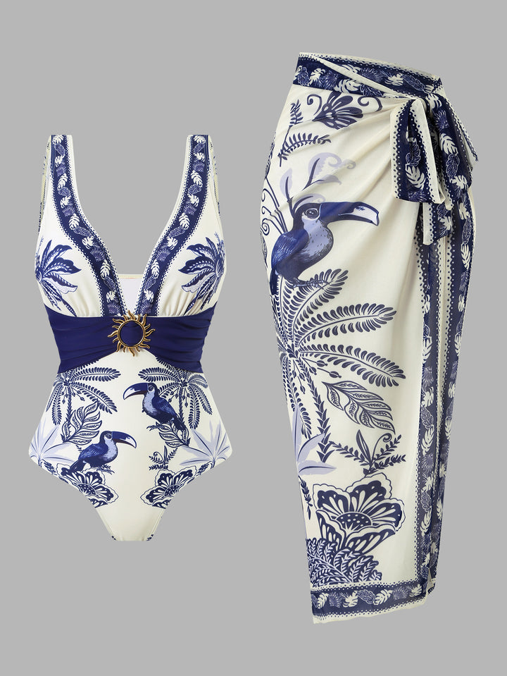 Women's One-Piece Swimsuit with Floral Design and Elegant Wrap Skirt Mune Fashion