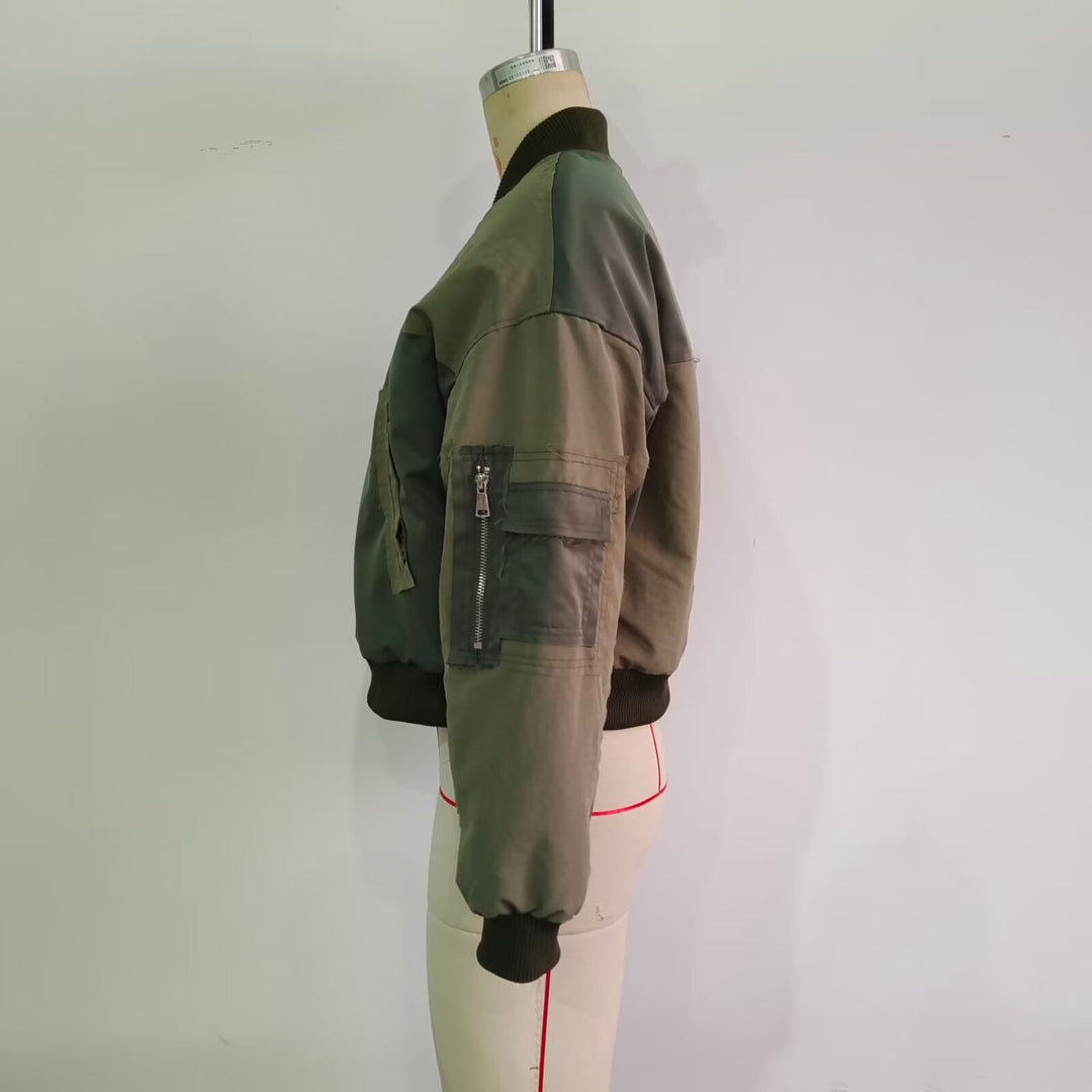 Women's Short Oversized Bomber Jacket with Utility Pockets and Ribbed Cuffs Mune Fashion