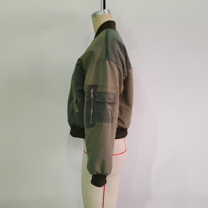 Women's Short Oversized Bomber Jacket with Utility Pockets and Ribbed Cuffs Mune Fashion