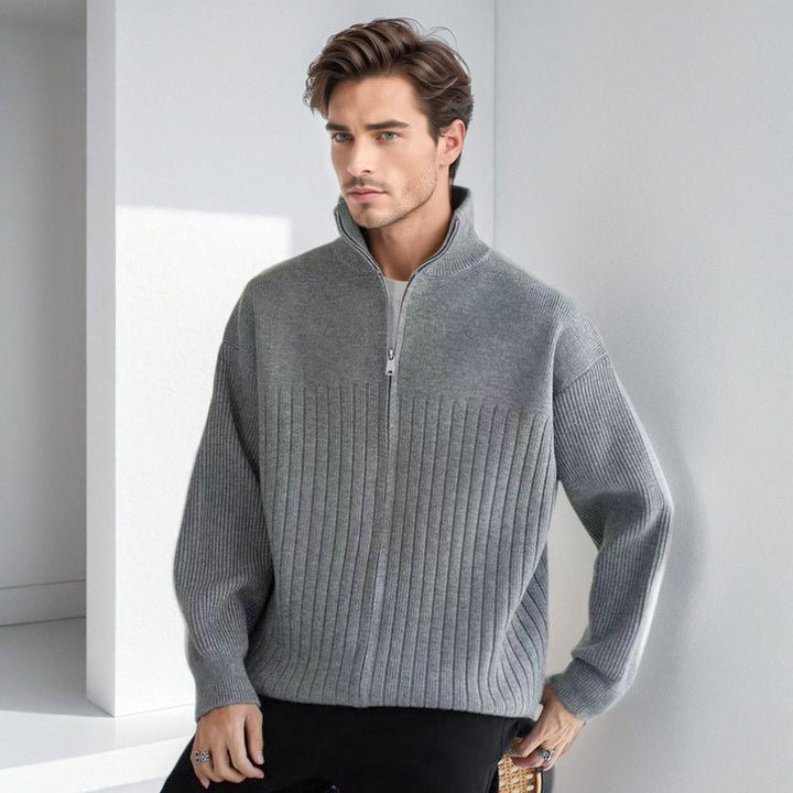 Men's Half-Zip Knit Sweater with High Stand Collar and Wide Rib Pattern Mune Fashion