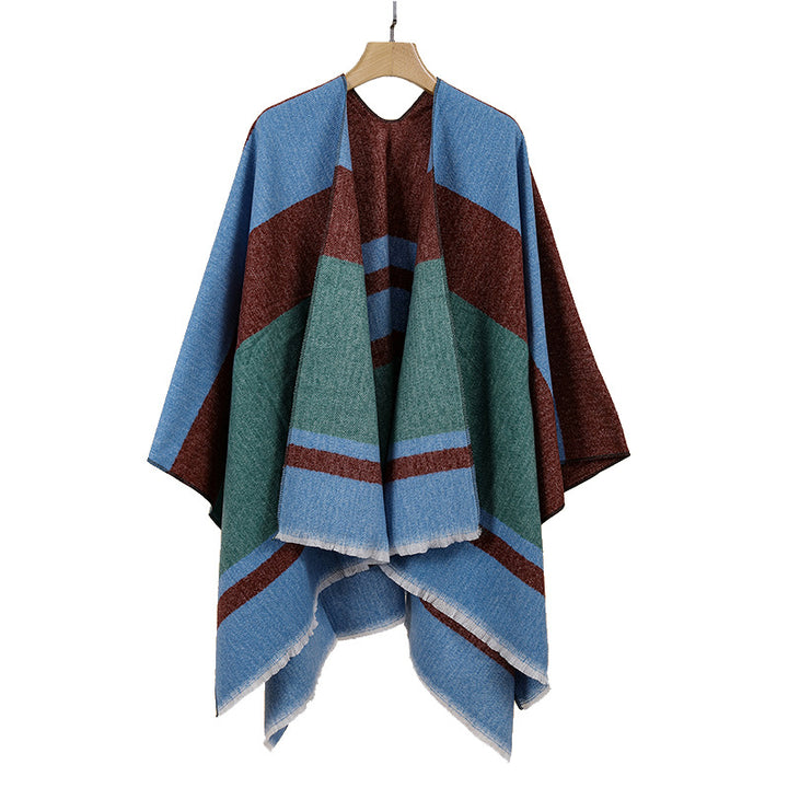 Women's Lightweight Cape Poncho made of fine knit with geometric block stripe design Mune Fashion