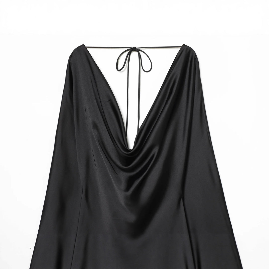 Women’s satin mini dress with deep waterfall back, cord binding and long sleeves Mune Fashion