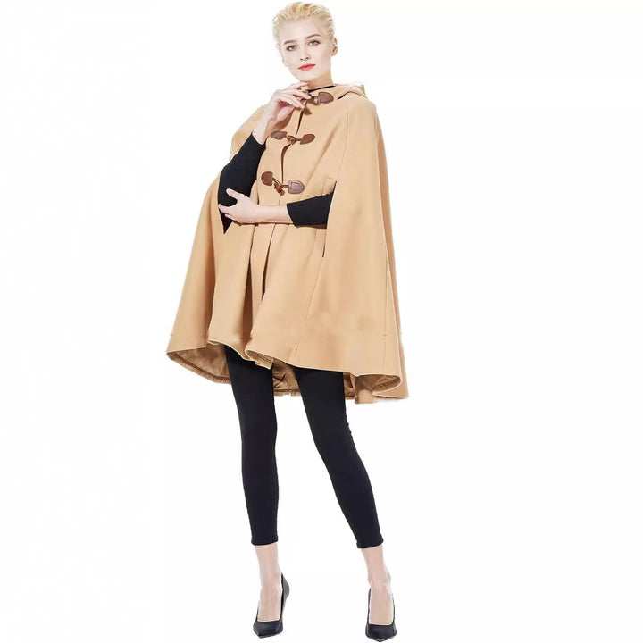 Women's Cape Coat with Hood and Toggle Closures Mune Fashion