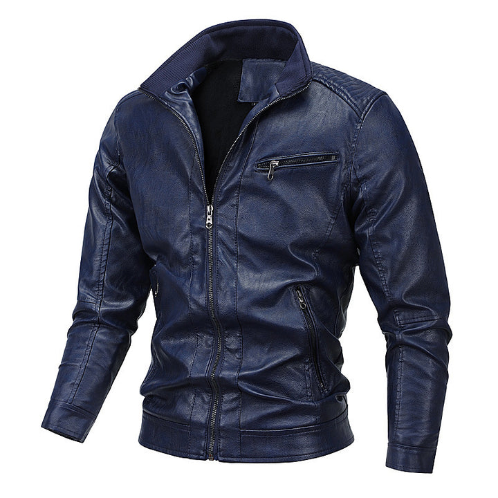 Men's Slim-Fit Faux Leather Blouson with Quilted Shoulder Section and Stand Collar Mune Fashion
