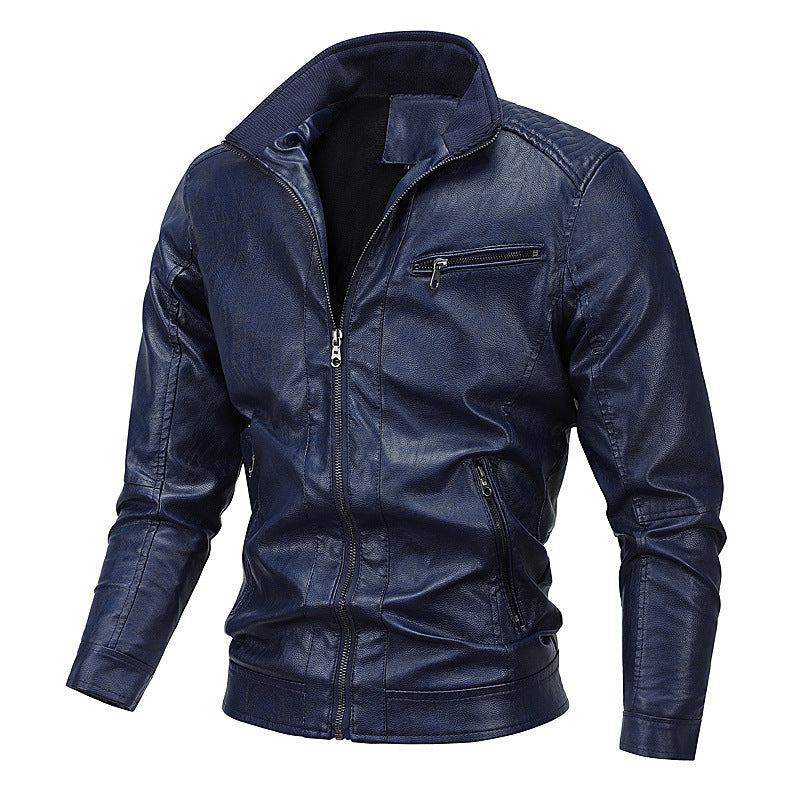 Men's faux leather moto jacket with stand-up collar, distinctive quilted design, and zip pockets Mune Fashion