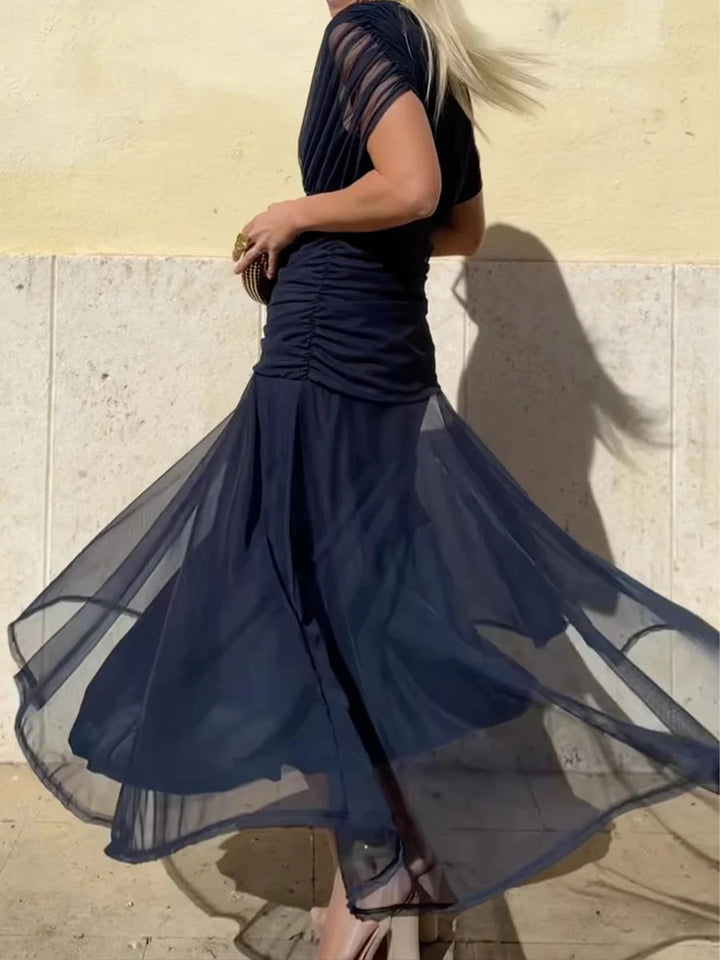 Ladies elegant floor-length evening dress with draped shoulder area and airy chiffon skirt Mune Fashion