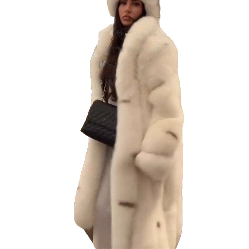 Women longer vegan faux fur coat with hood and voluminous fur collar Mune Fashion