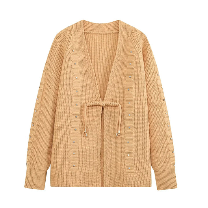 Women Chunky Knit Long Cardigan with Decorative Stones and Drawstring Ties Drune