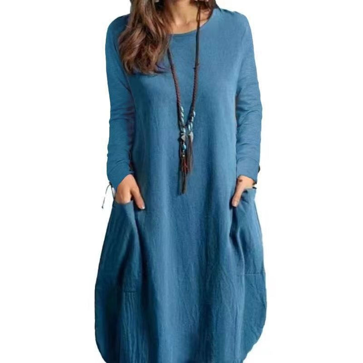 Women's Long A-Line Linen Look Dress with Pockets and Round Neckline Drune