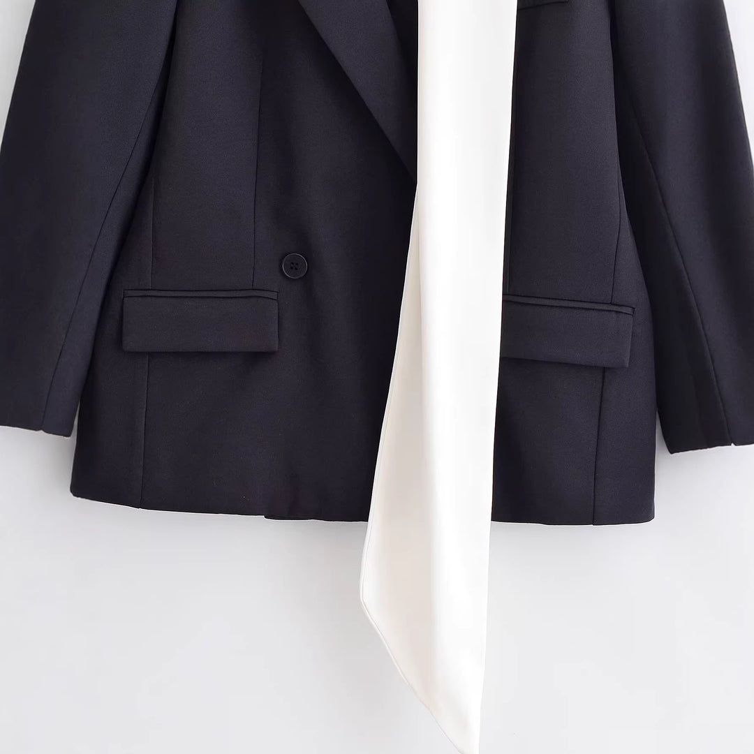 Women's Short Blazer with Attached Bow Tie and Patch Pockets Mune Fashion