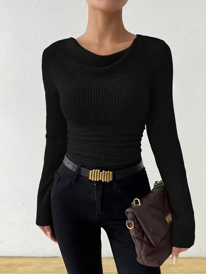 Women Ribbed Tailored Fine Knit Sweater with Gathering Mune Fashion
