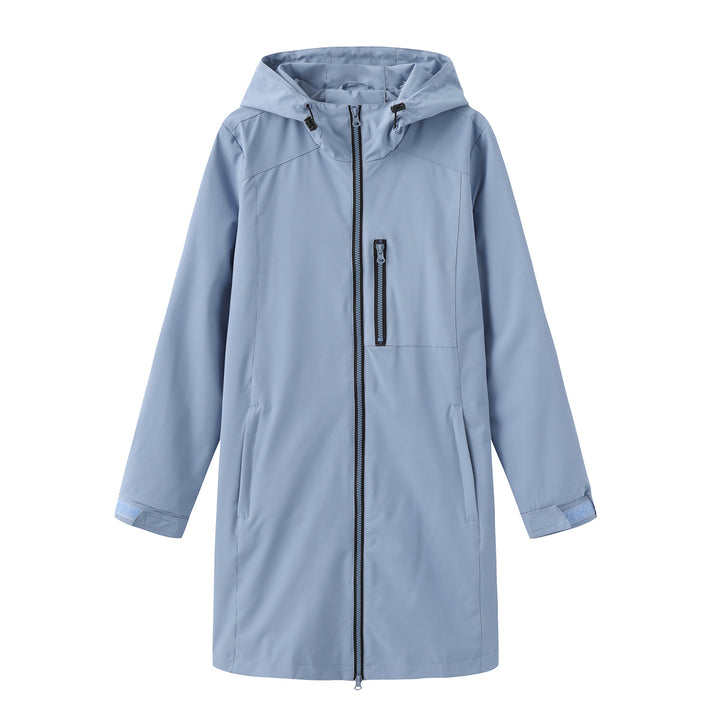 Women's long slim functional rain jacket with full-length zipper, chest zip pocket, and velcro cuffs Mune Fashion