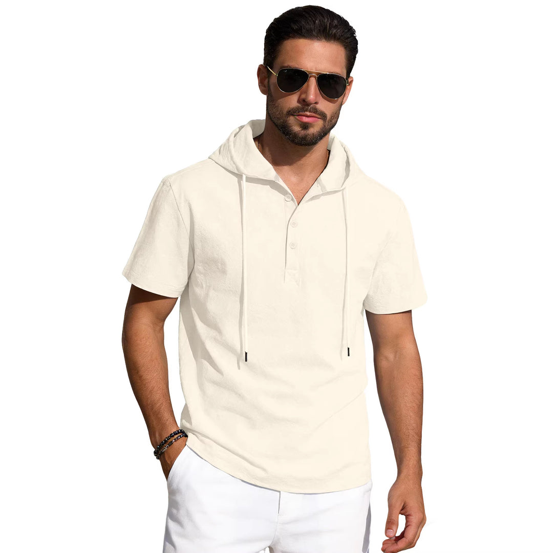 Men's short-sleeved hooded Henley made of slub cotton with concealed button placket and drawstring Mune Fashion