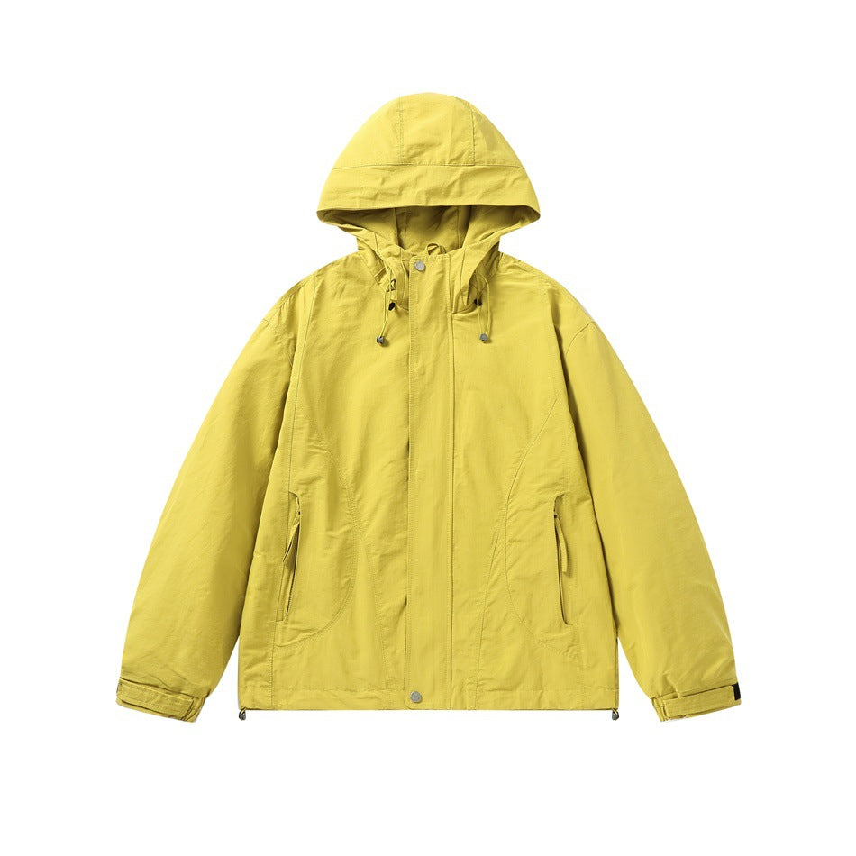 Unisex Light windproof hooded jacket in boxy cut with drawstring and concealed front Mune Fashion