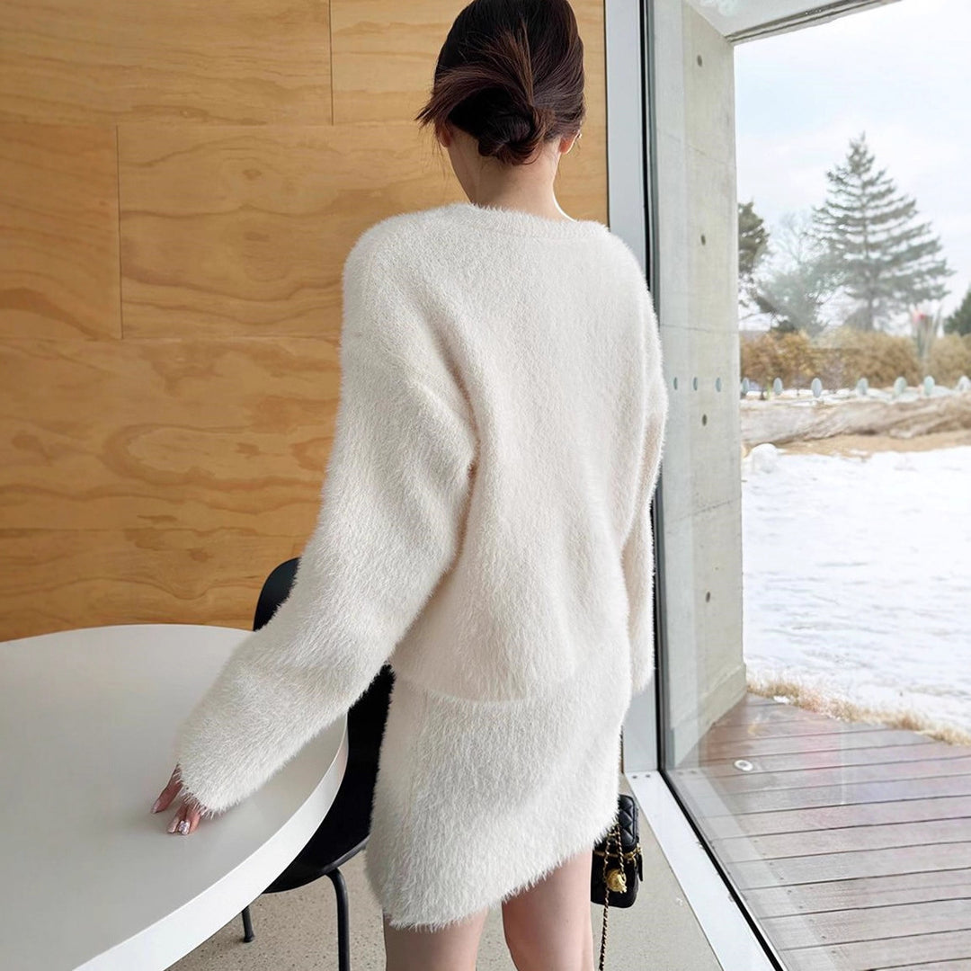 Women's Cozy Fleece Two-Piece Set with Oversized Sweater and Mini Skirt Mune Fashion