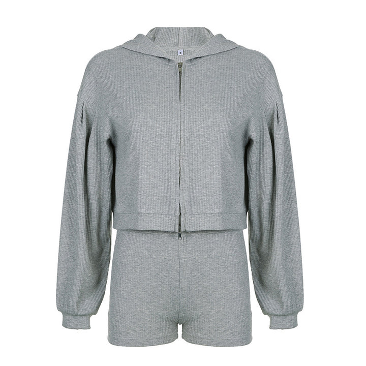 Women's short ribbed lounge set with hooded zip jacket and high-waist shorts Mune Fashion