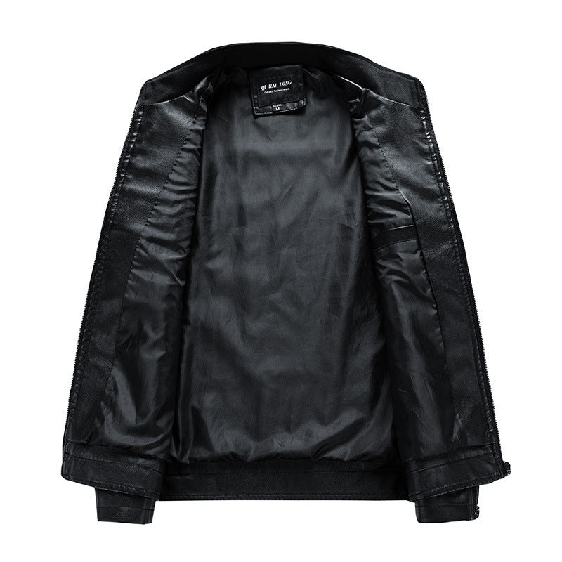 Men's motorcycle leather jacket in retro racing look with contrast stripes and stand-up collar Mune Fashion