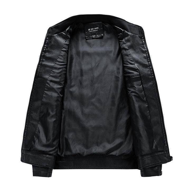 Men's motorcycle leather jacket in retro racing look with contrast stripes and stand-up collar Mune Fashion