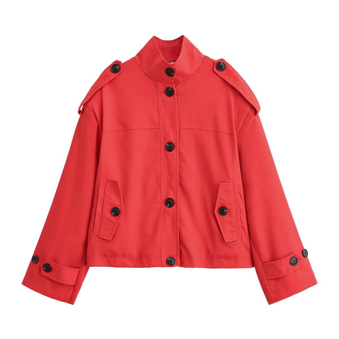 Women's Boxy-Cropped Jacket with Stand Collar Shoulder Patches and Flap Pockets Mune Fashion