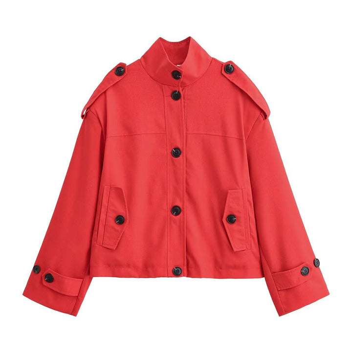 Women's Boxy-Cropped Jacket with Stand Collar Shoulder Patches and Flap Pockets Mune Fashion
