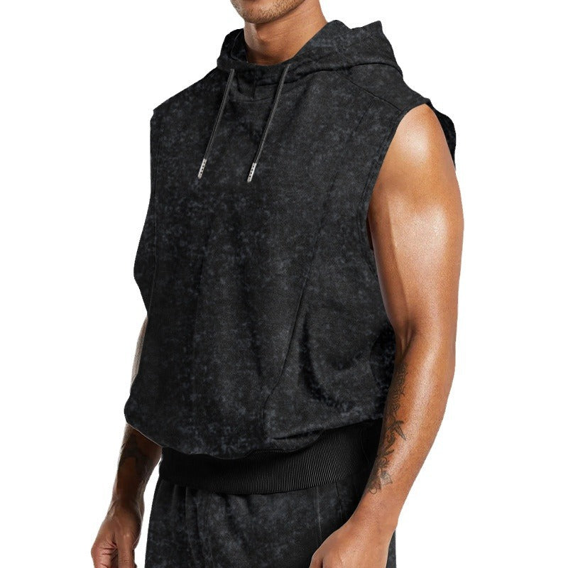 Men's sleeveless hoodie in stone-wash look with deep armholes and ribbed hem Mune Fashion