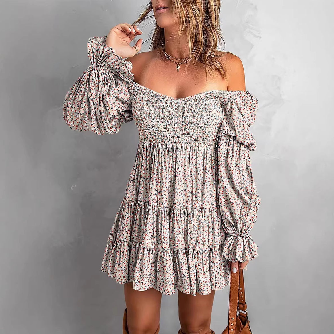 Women Off-Shoulder Mini Dress with Smocked Top, Ruffle Tiers and Gathered Balloon Sleeves Mune Fashion