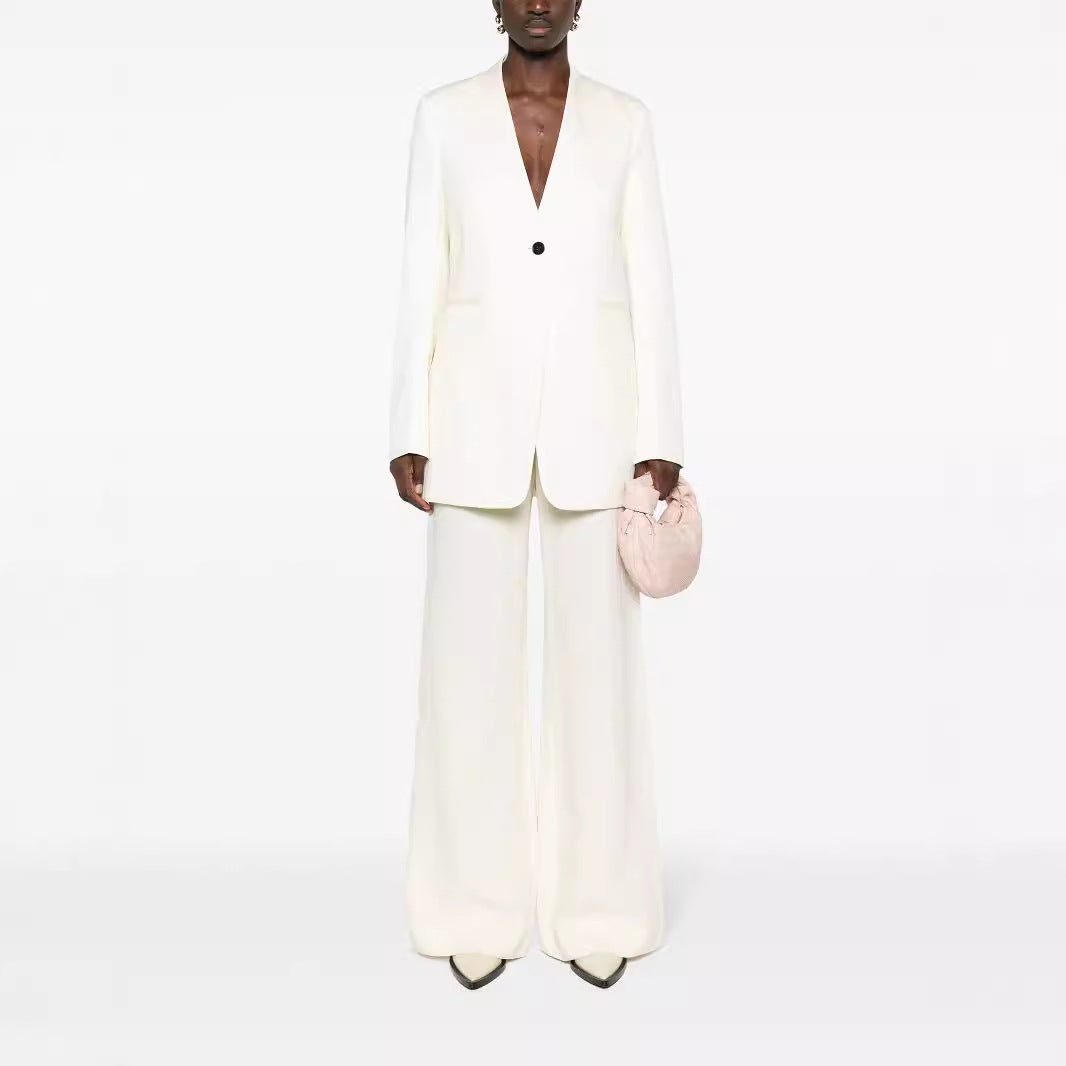 Women Elegant Single-Breasted Long Blazer Set with Wide Palazzo Pants Mune Fashion