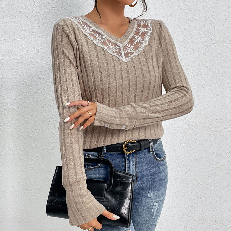 Women's Tailored Ribbed Knit Sweater with Sheer Lace Insert at V-Neck Mune Fashion