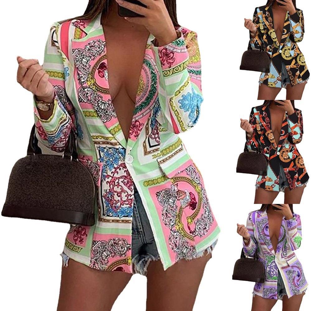 Women's Patterned Longline Blazer with Single Button Closure and Silk Scarf Print Mune Fashion