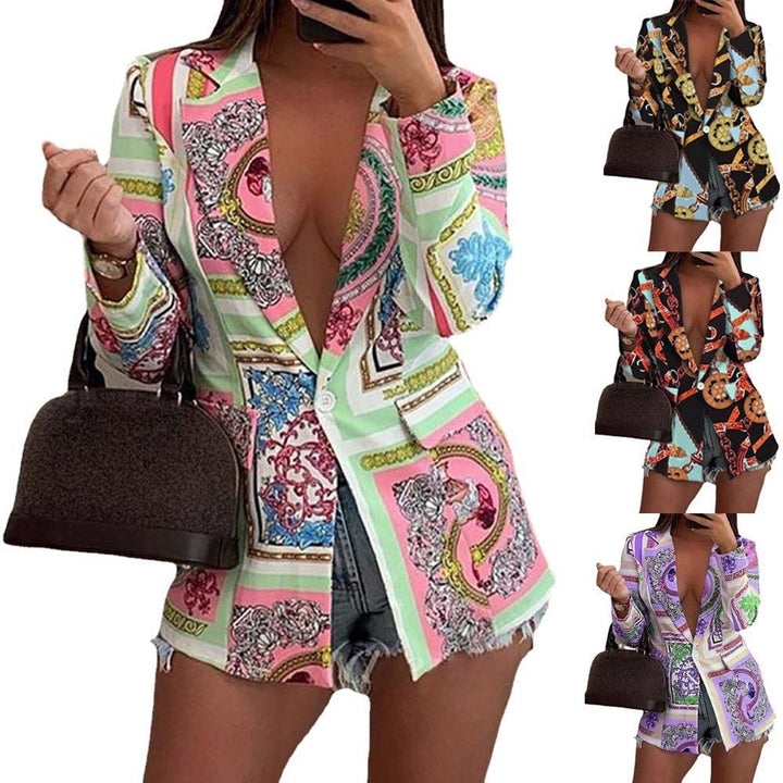 Women's Patterned Longline Blazer with Single Button Closure and Silk Scarf Print Mune Fashion