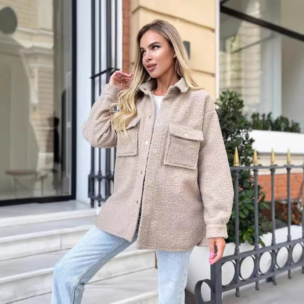 Women's Oversized Teddy Transitional Jacket with Chest Pockets and Snap Buttons Mune Fashion