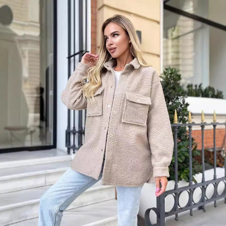 Women's Oversized Teddy Transitional Jacket with Chest Pockets and Snap Buttons Mune Fashion