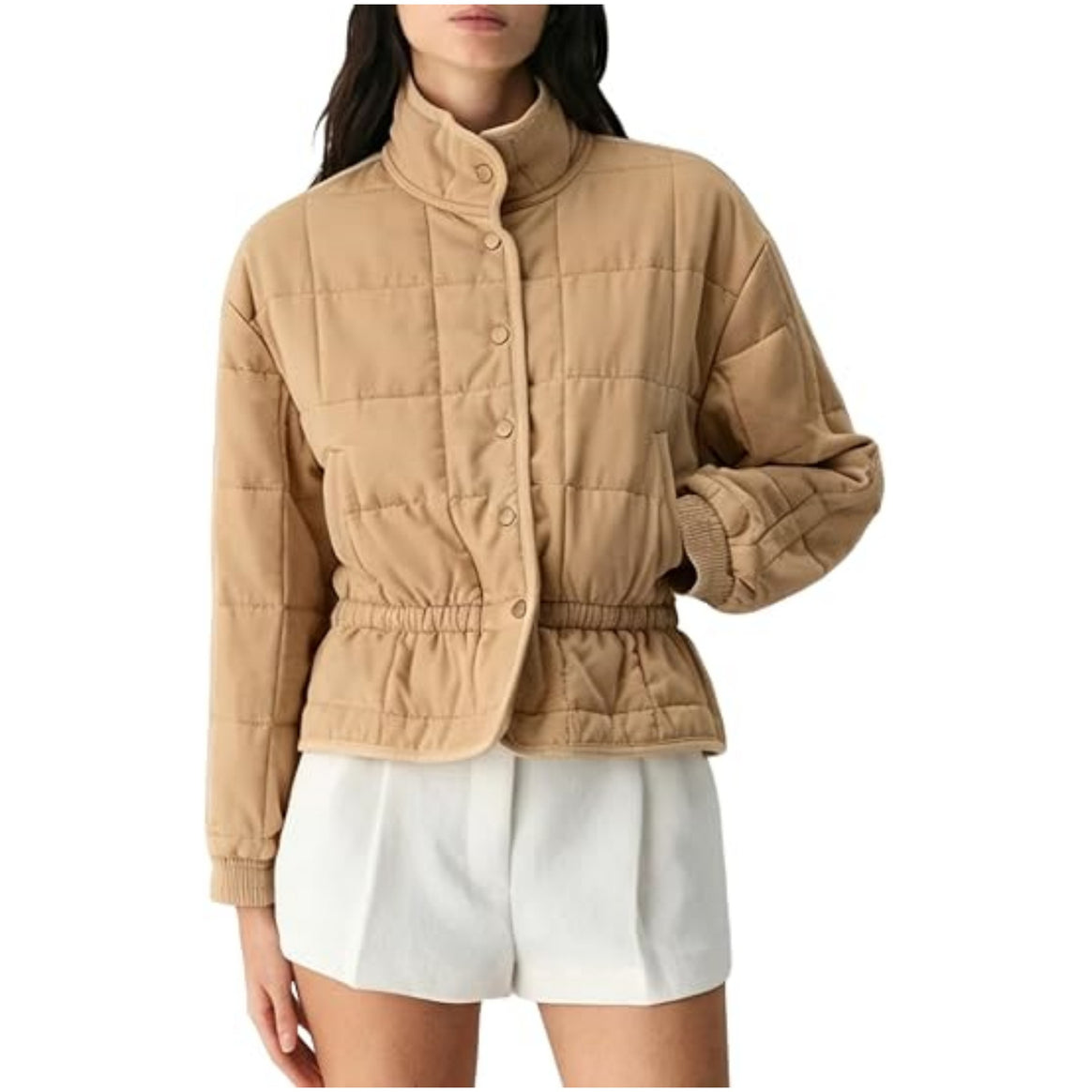 Women's cropped quilted jacket with stand-up collar and drawstring waist Mune Fashion